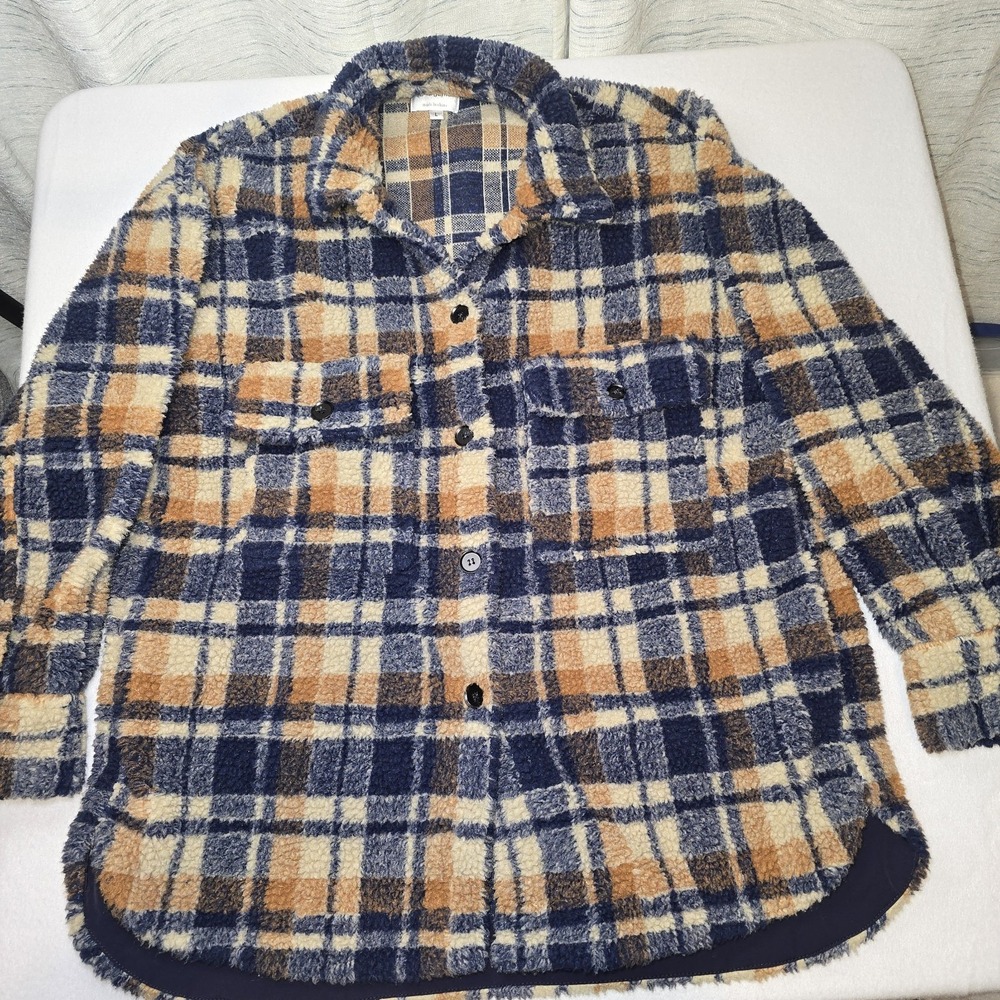 By Together Shacket Womens Large L Navy Blue Orange Plaid Teddy Fleece Lined CPO